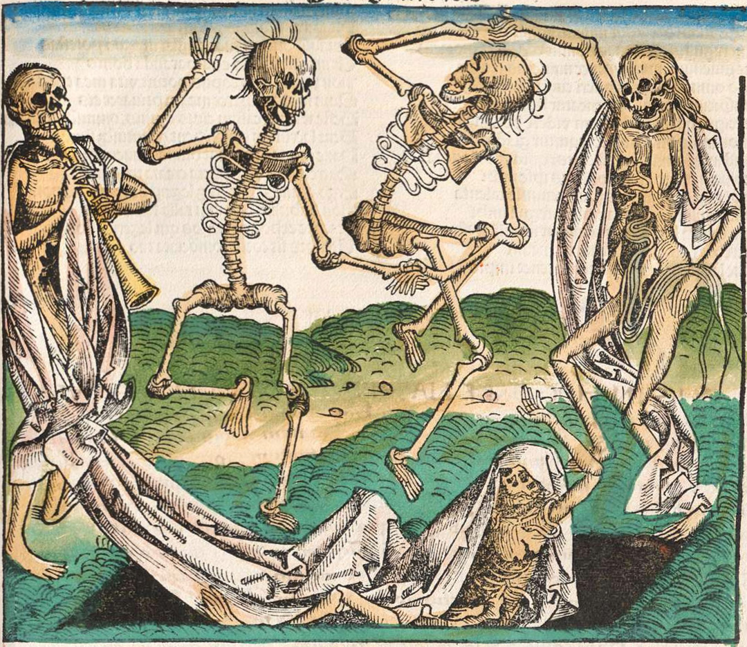 Michael Wolgemut, Danza de los esqueletos (coloreada), en Hartmann Schedel, Weltchronik, 1493.