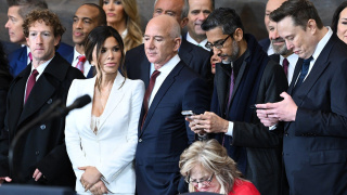 Mark Zuckerberg, Lauren Sanchez, Jeff Bezos, Sundar Pichai, and Elon Musk at Donald Trump’s Inauguration in January, 2025.Photograph by Saul Loeb / Pool / Getty
